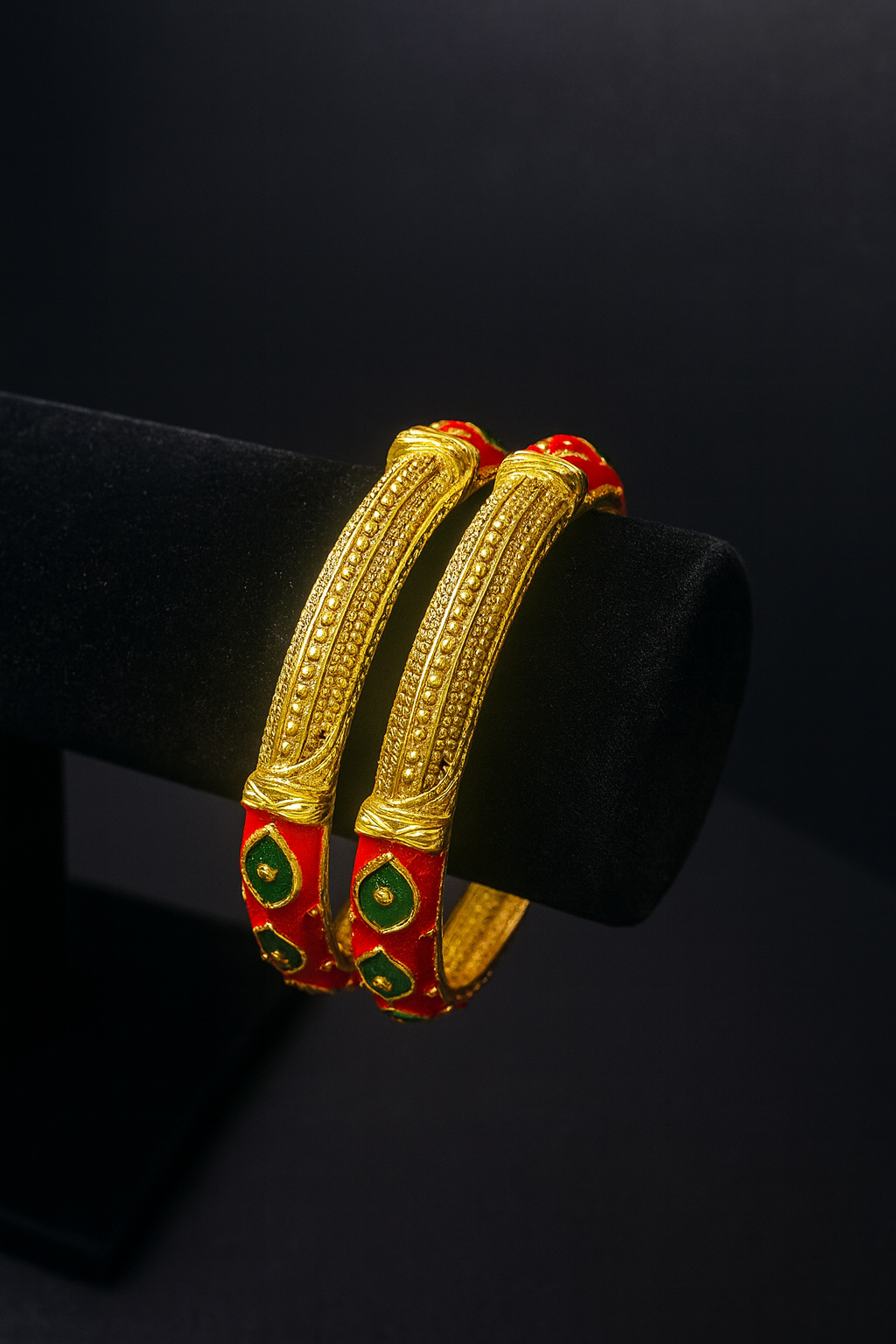 24K Royal Flame Dubai Bangles – Red & Emerald Bridal Gold Jewelry