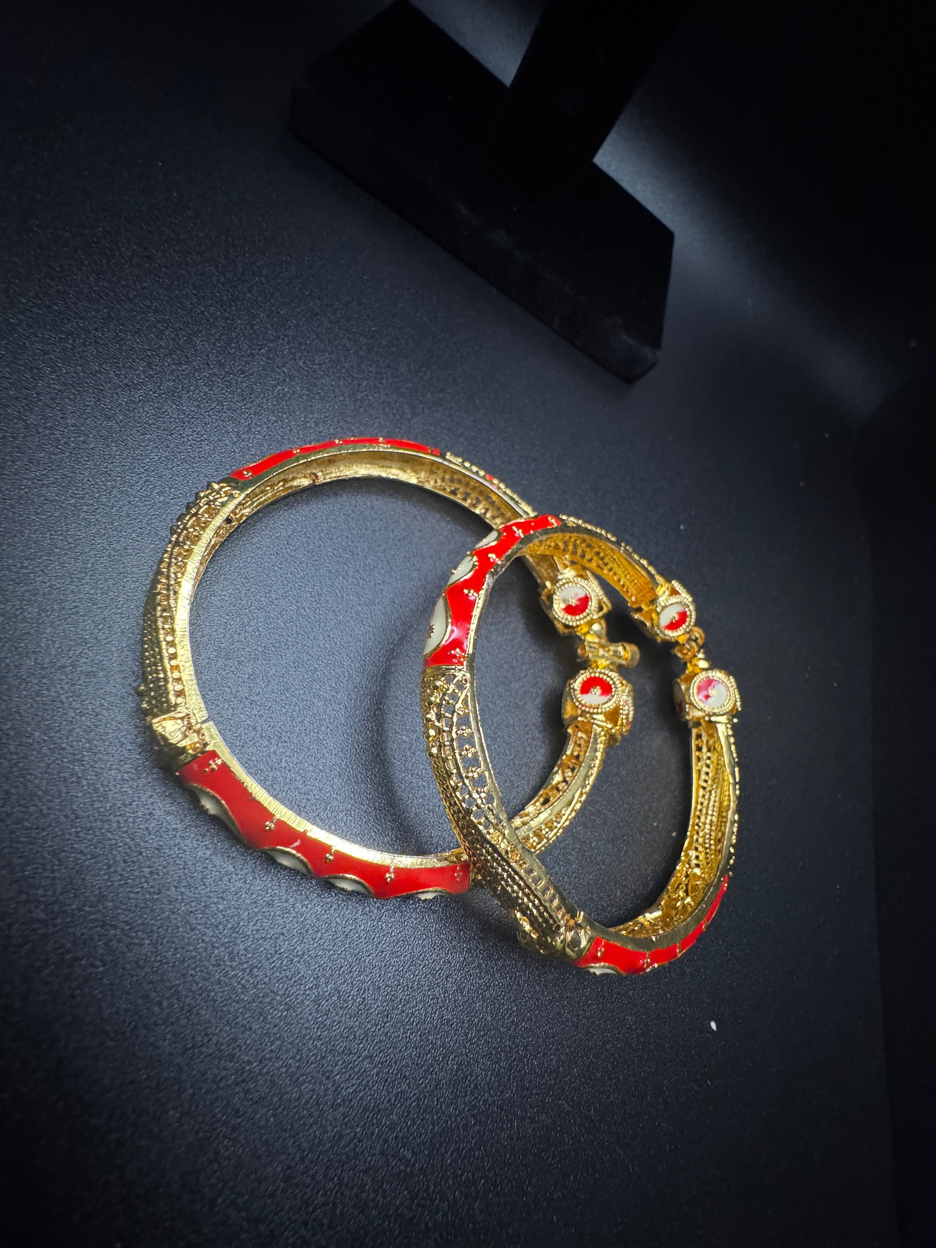 24K Royal Flame Dubai Bangles – Red & Emerald Bridal Gold Jewelry