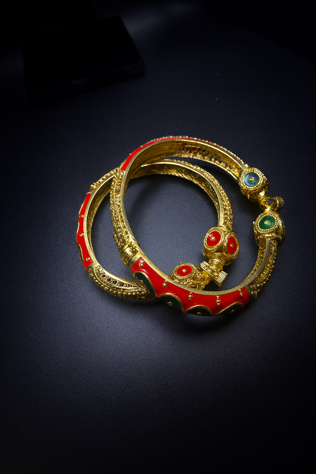 24K Royal Flame Dubai Bangles – Red & Emerald Bridal Gold Jewelry