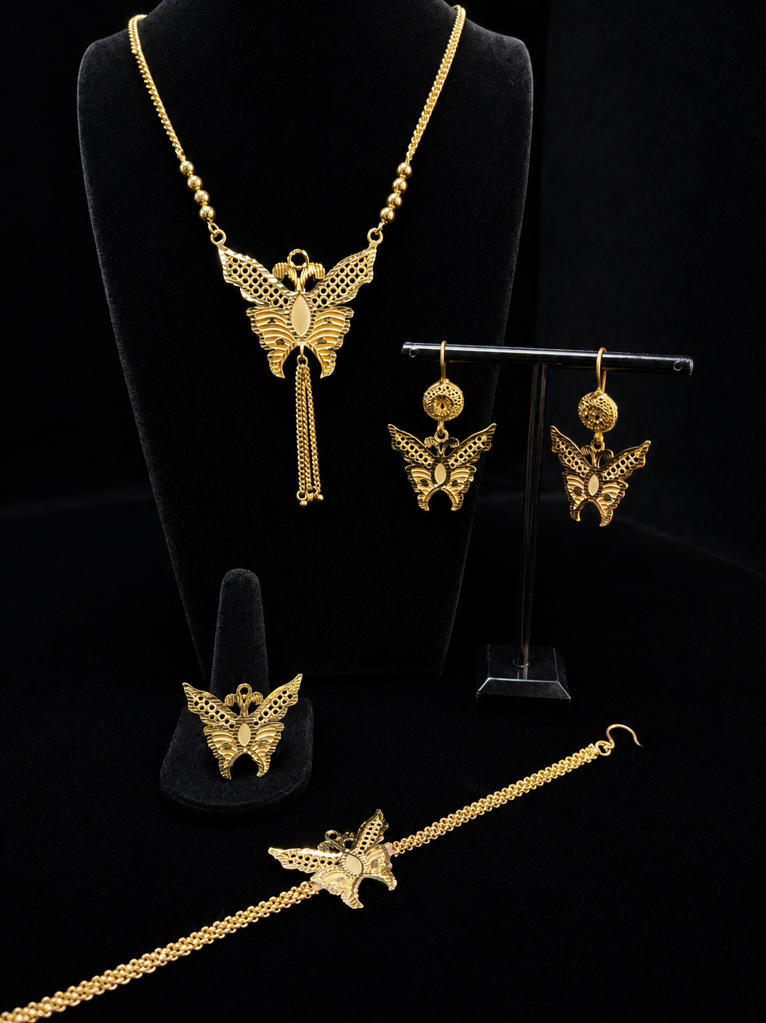 Royal Butterfly Filigree Gold Jewelry Set Dubai Style Necklace Earrings Ring Bracelet