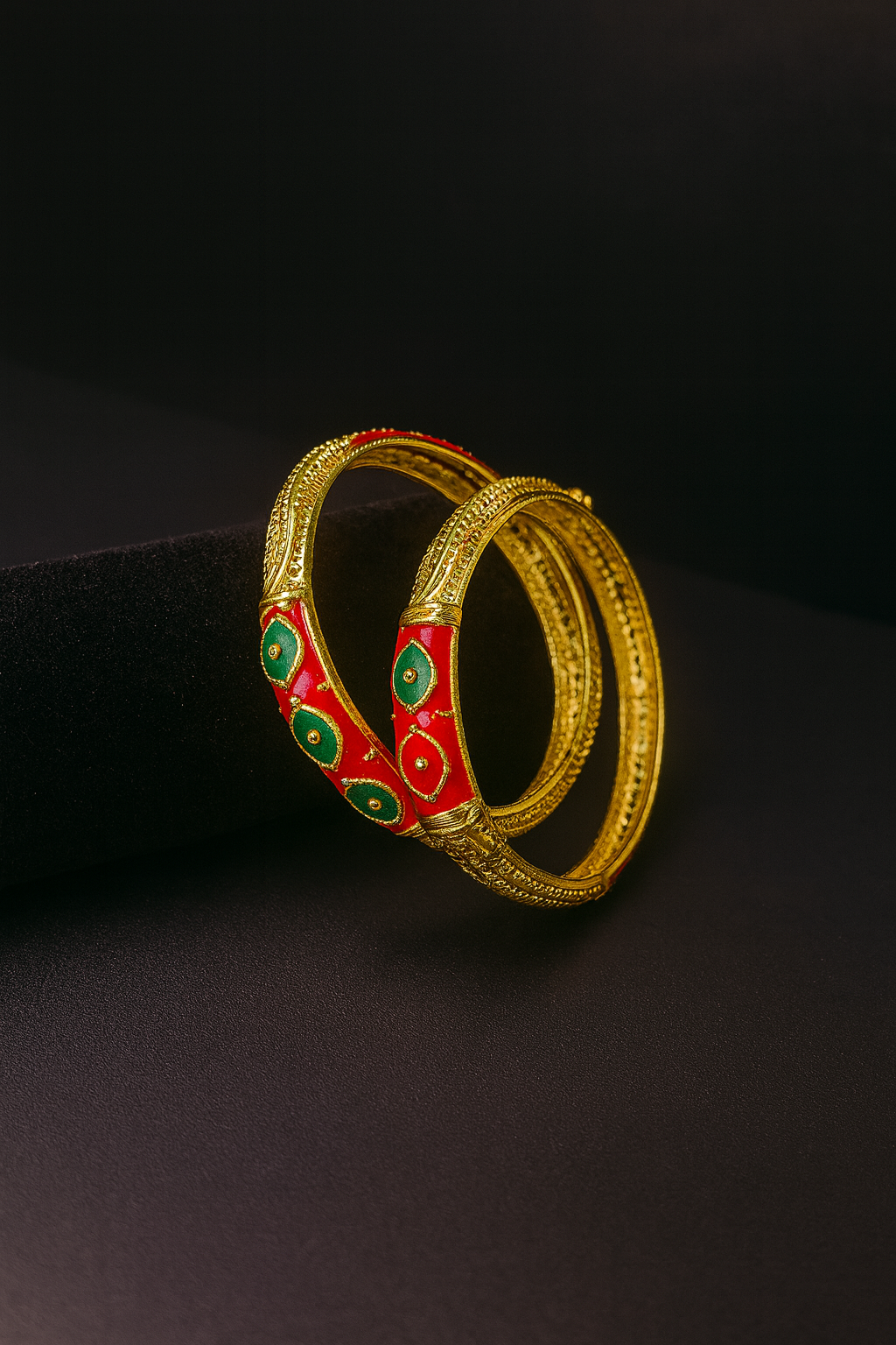 24K Royal Flame Dubai Bangles – Red & Emerald Bridal Gold Jewelry