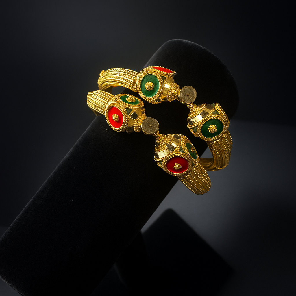 24K Royal Flame Dubai Bangles – Red & Emerald Bridal Gold Jewelry