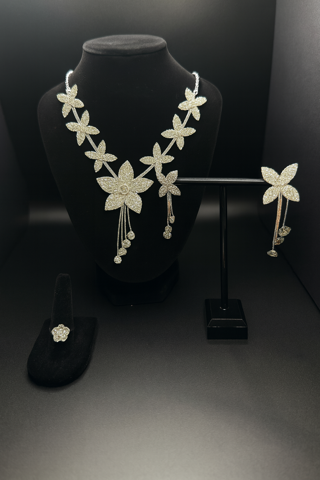 Silver Sparkling Floral Jewelry Set Necklace, Earrings & Ring